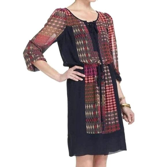 Anthropologie Maeve Peasant Patchwork Print Boho Dress Mini Navy Blue Red Tan XS - Picture 1 of 16